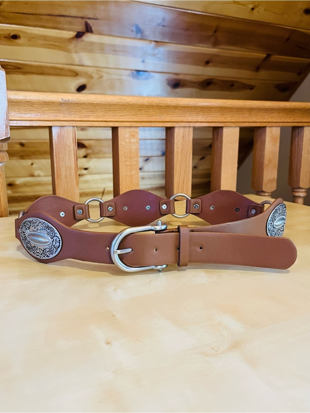 Western Cowgirl Brown Faux Leather Concho Belt with Silver Accents Size M NWT